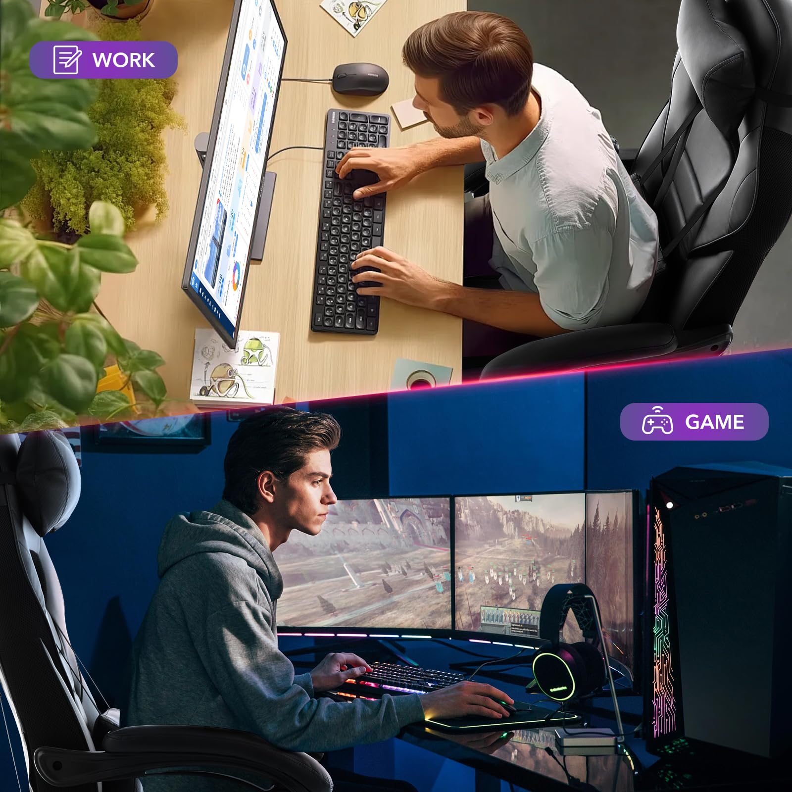 Garvee Chaise gaming ergonomique noire avec repose-pieds, appui-tête et soutien lombaire, pivotante 360°, hauteur réglable, capacité 136 kg, adulte et ado