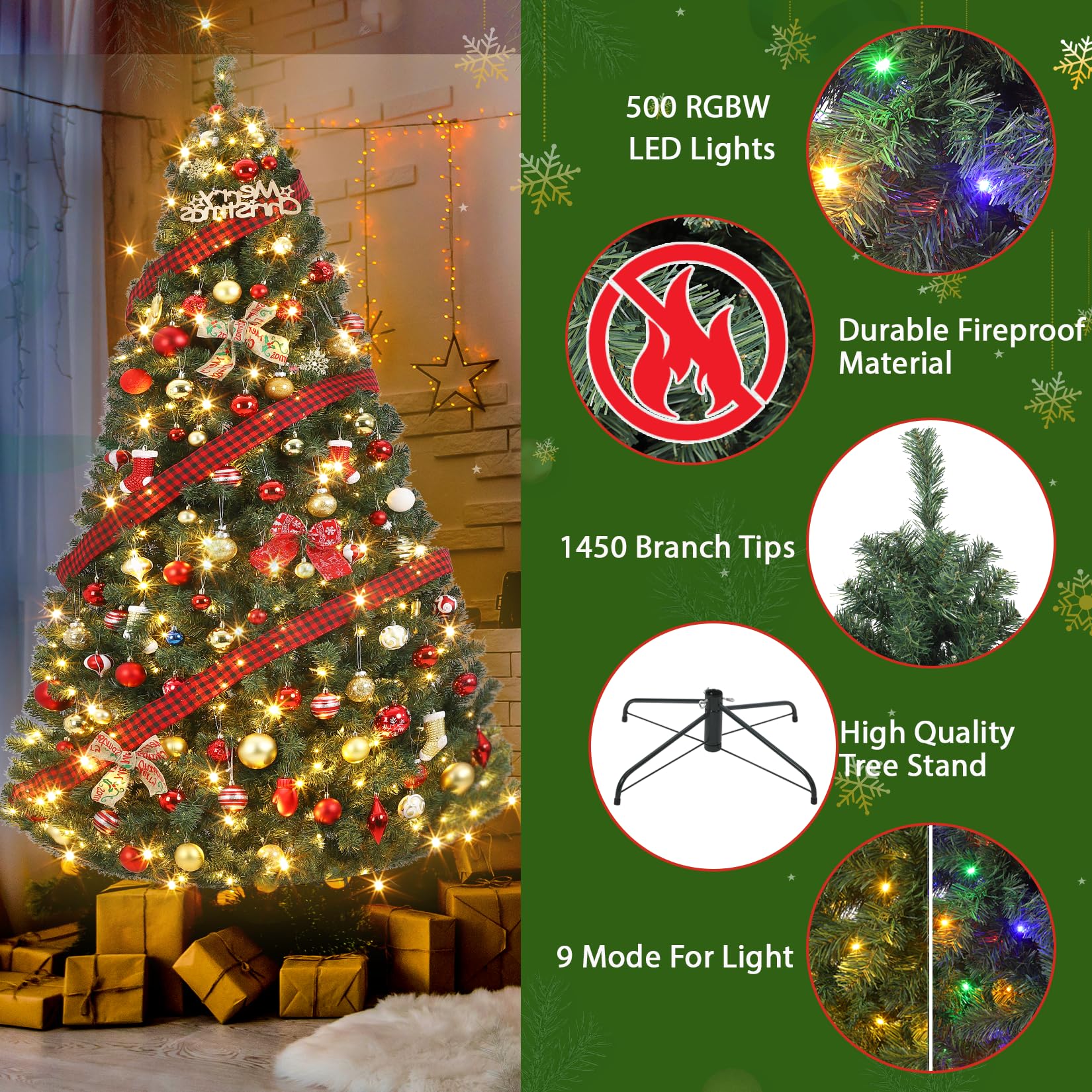 Sapin de Noël artificiel Garvee 180 cm – 250 LED, sapin en PVC, Ø 114 cm, vert, pied en métal