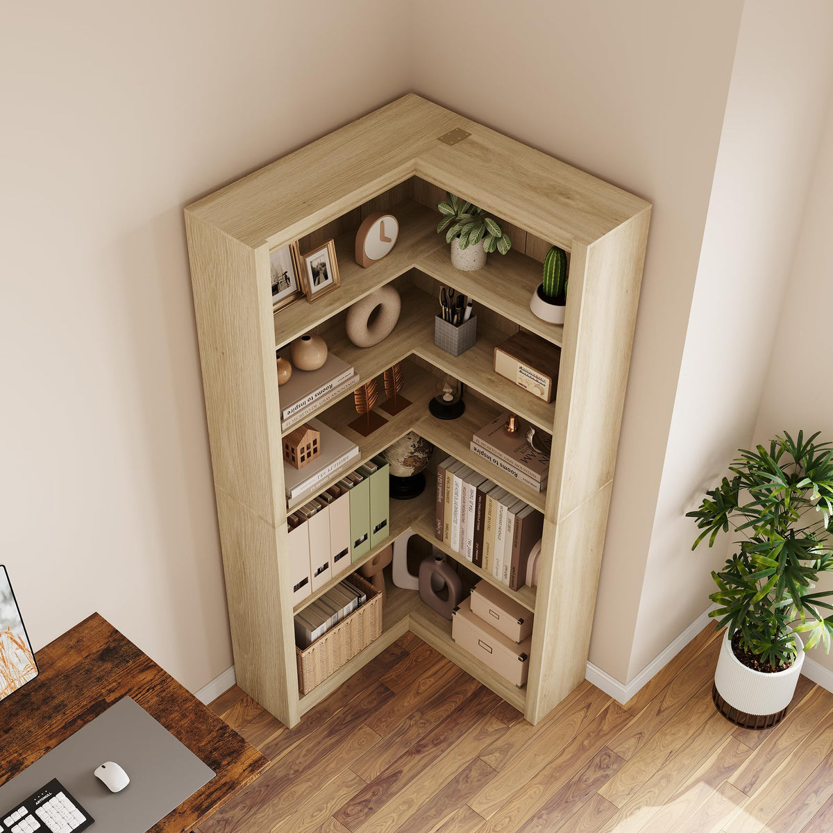 Garvee Bibliothèque d’Angle 182 cm Style Ferme, 5 Niveaux, Grand Rangement en L, Étagère Robuste en Bois pour Salon, Chambre et Bureau à Domicile