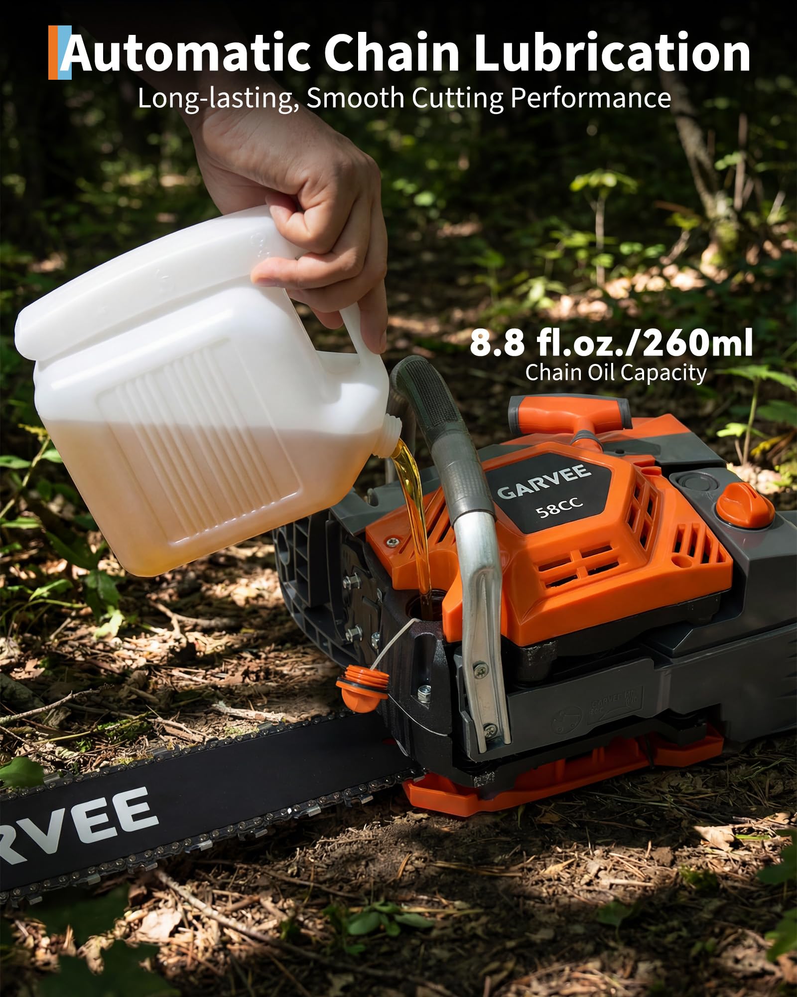 Garvee Tronçonneuse Thermique 58 cm³ 2 Temps, Puissante et Rapide, Poignée Ergonomique Antidérapante, Frein de Chaîne, 7 kg, Entretien des Arbres