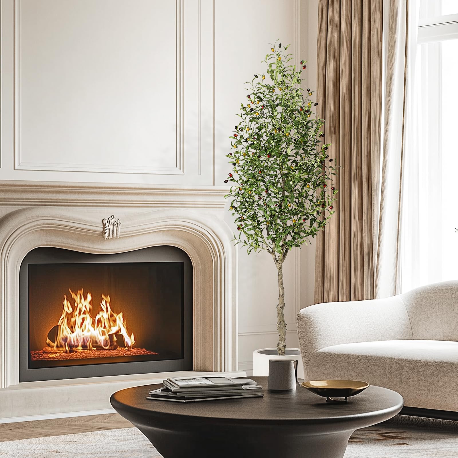 Garvee Olivier Artificiel 213 cm avec Pot Lesté au Ciment, Branches Ajustables, Décoration pour Maison et Bureau, Entretien Facile
