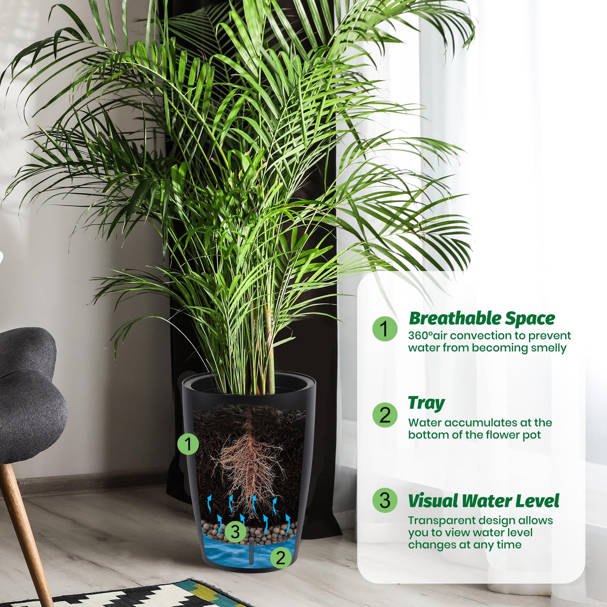 Ensemble de jardinières à arrosage automatique Garvee de 40 cm de haut avec indicateur de niveau d'eau visible pour l'intérieur et la terrasse, noires, robustes et ventilées