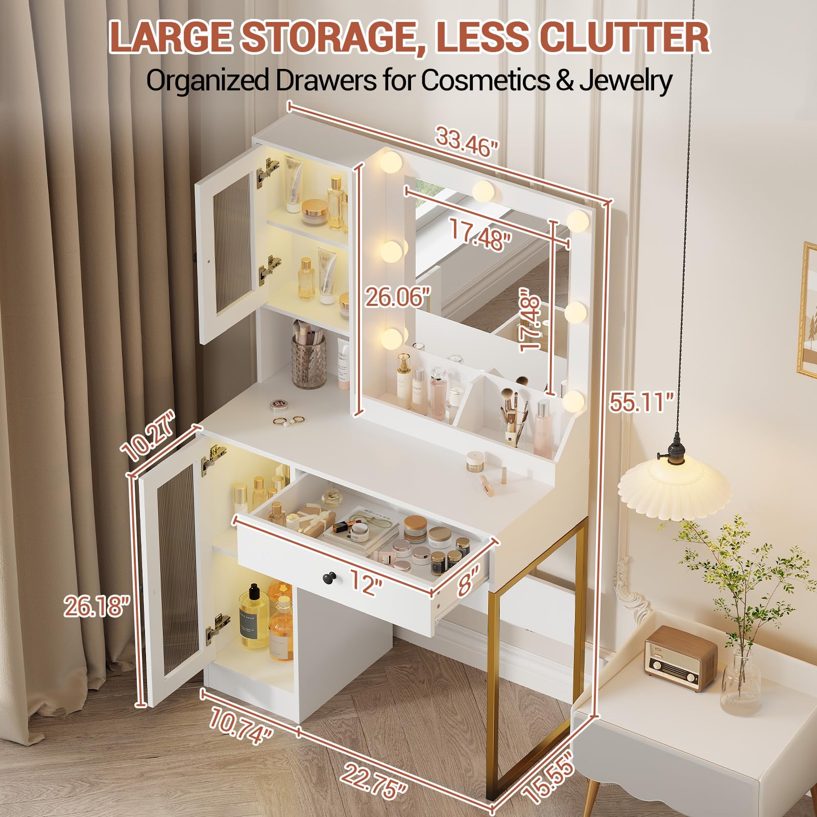 Coiffeuse Garvee avec éclairage LED, 3 modes de couleur, grands tiroirs, station de recharge USB pour chambre, blanche, moderne