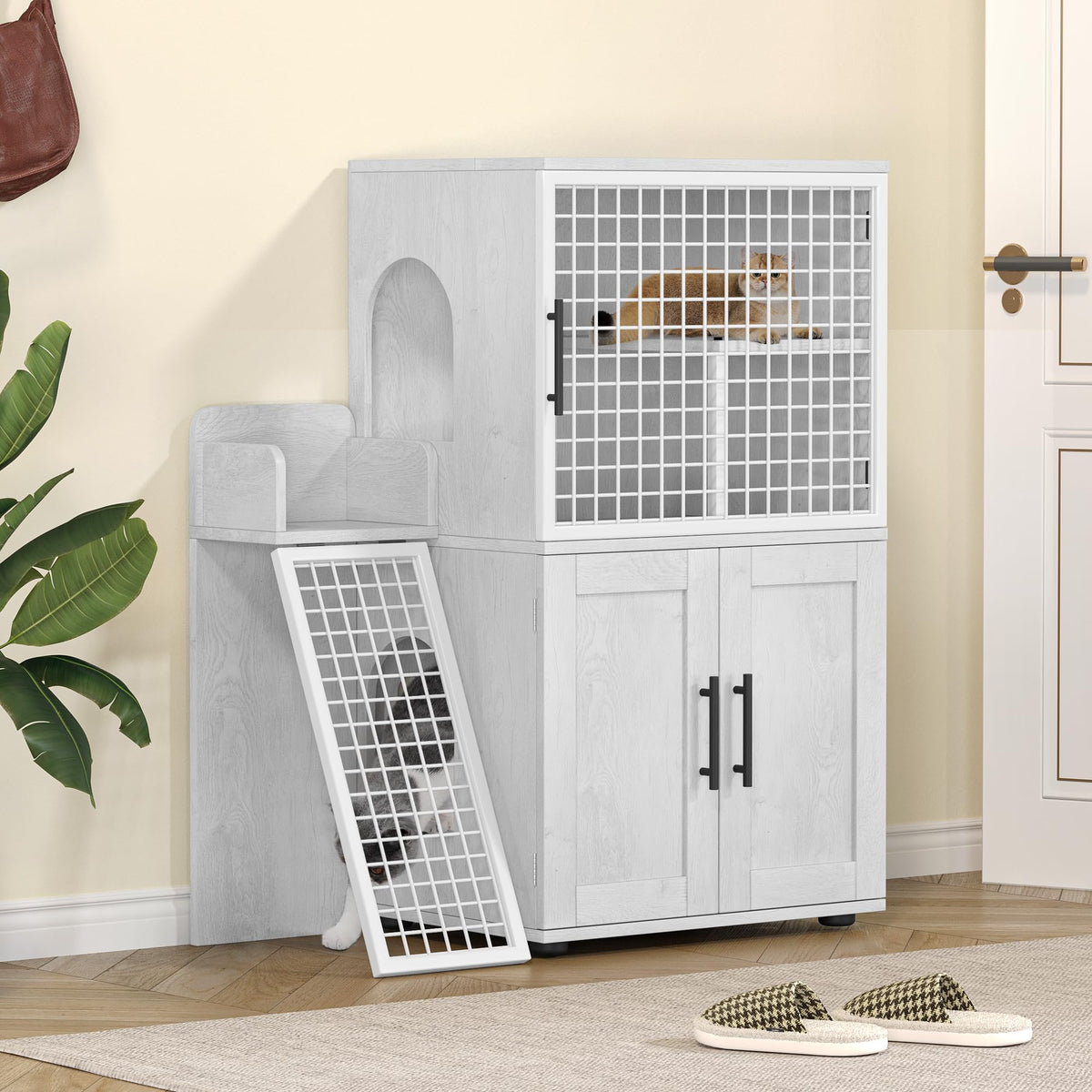 Bac à litière moderne Garvee avec plateforme, double couche, en MDF et fer, blanc, pour l'intérieur et le salon.