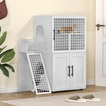 Bac à litière moderne Garvee avec plateforme, double couche, en MDF et fer, blanc, pour l'intérieur et le salon.