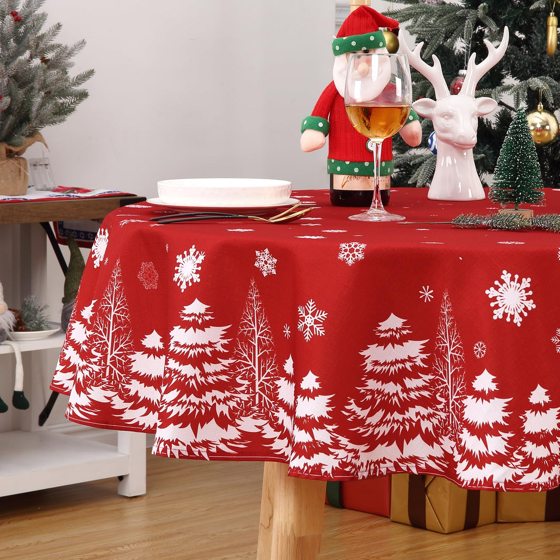 Garvee Nappe de Noël ronde à motif flocons de neige et épingles, déperlante, en polyester, idéale pour les fêtes de Noël et du Nouvel An, Rouge, 152 cm