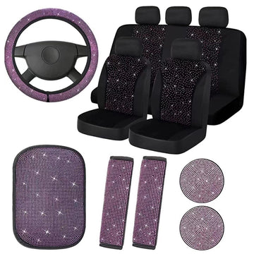 Garvee Ensemble de 15 housses de siège auto scintillantes pour femmes, housse de volant en cristal, matière velours, respirante, intérieur de voiture universel