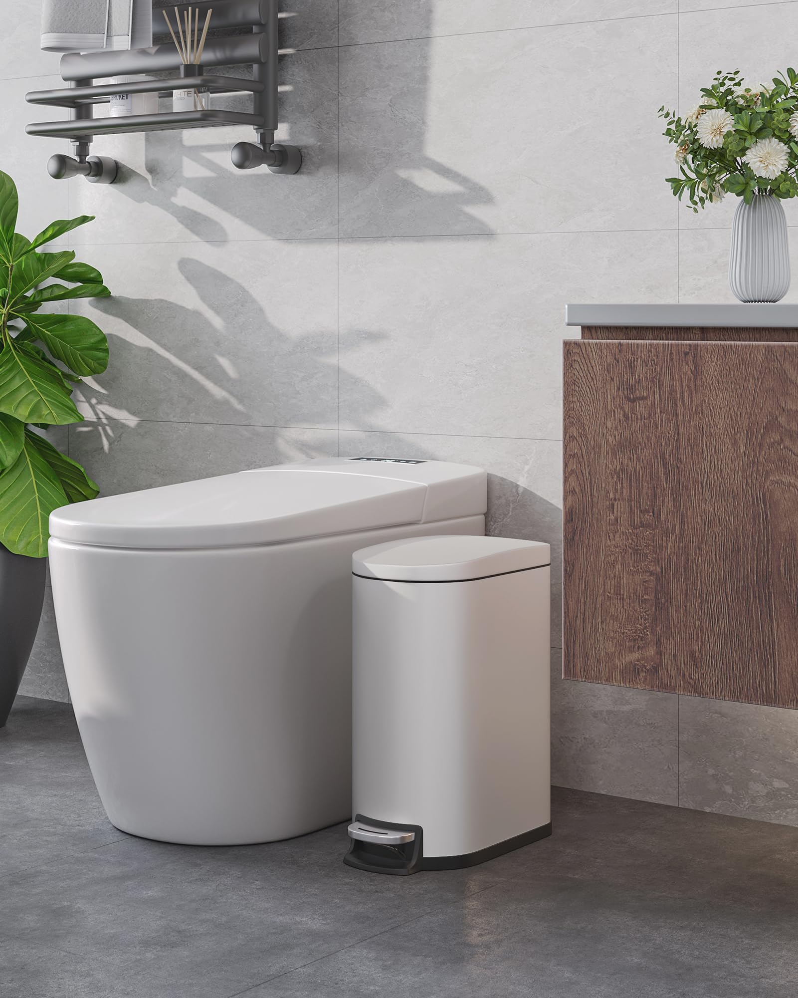 Poubelle métallique Garvee 10 L avec couvercle, fine et étanche, idéale pour la chambre et le bureau. Bac intérieur, poignée et fermeture silencieuse.