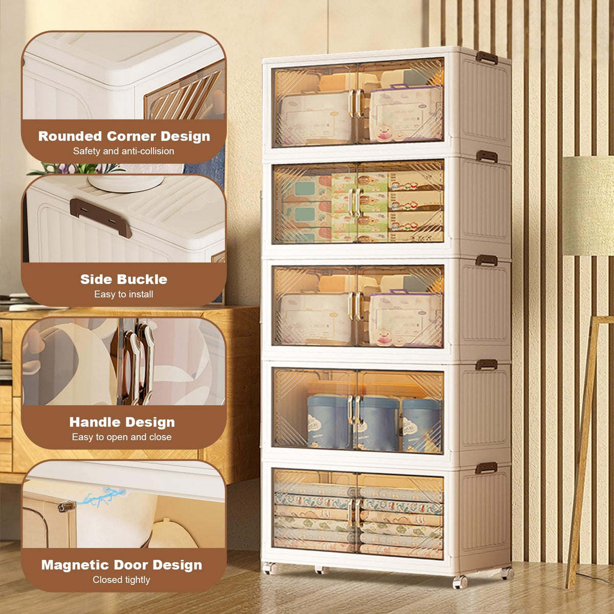 Garvee Boîtes de rangement empilables 5 niveaux avec roulettes, pliables, portes magnétiques transparentes, pour salon et chambre, 45 x 27 x 116cm