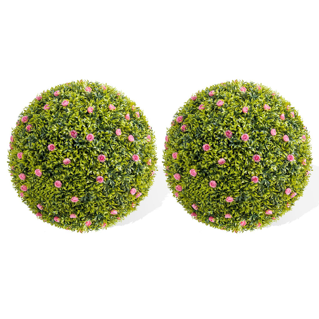 Boules de buis artificielles Garvee, lot de 2, 42 cm, fleurs roses, en polyéthylène résistant aux UV, sans entretien, pour balcon et jardin.