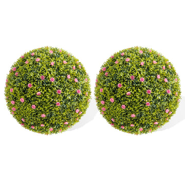Boules de buis artificielles Garvee, lot de 2, 42 cm, fleurs roses, en polyéthylène résistant aux UV, sans entretien, pour balcon et jardin.