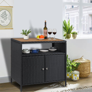 Armoire de rangement extérieure Garvee en résine tressée avec étagère, résistante aux intempéries, acier thermolaqué, 2 portes, marron, idéale pour le jardin et la piscine.