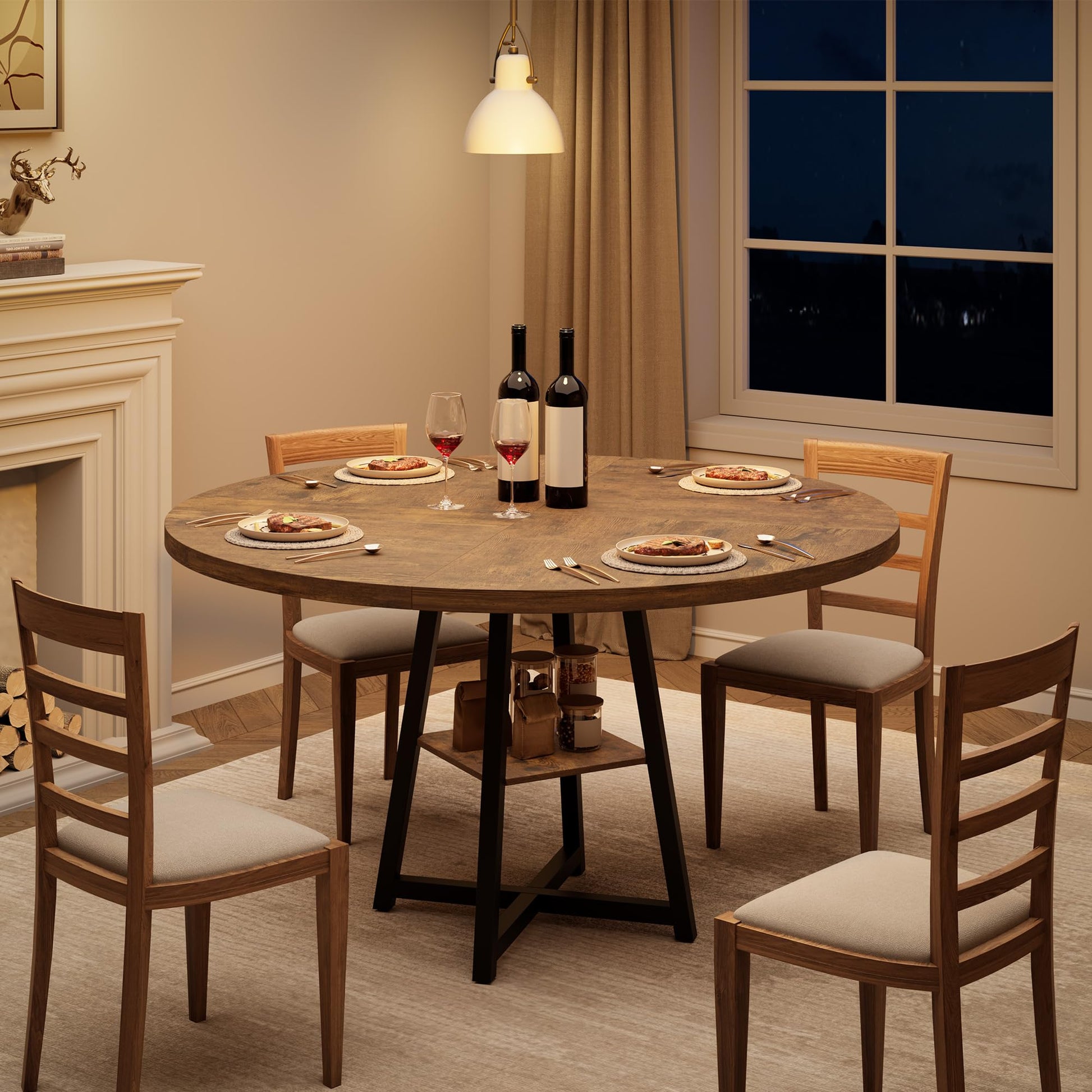 Table de salle à manger ronde Garvee pour 4 à 6 personnes, 119 cm (47 pouces), structure en métal, plateau en bois, design industriel, gain de place, grise