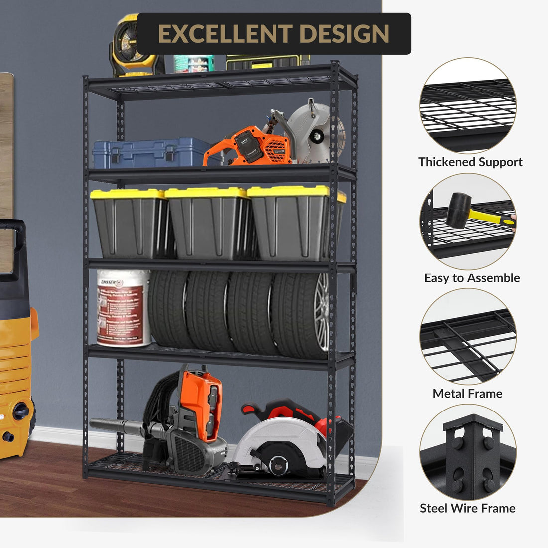 Garvee système d'étagères de garage robustes, étagères métalliques réglables pour atelier, sous-sol et garage, 122 × 46 × 183 cm, noir