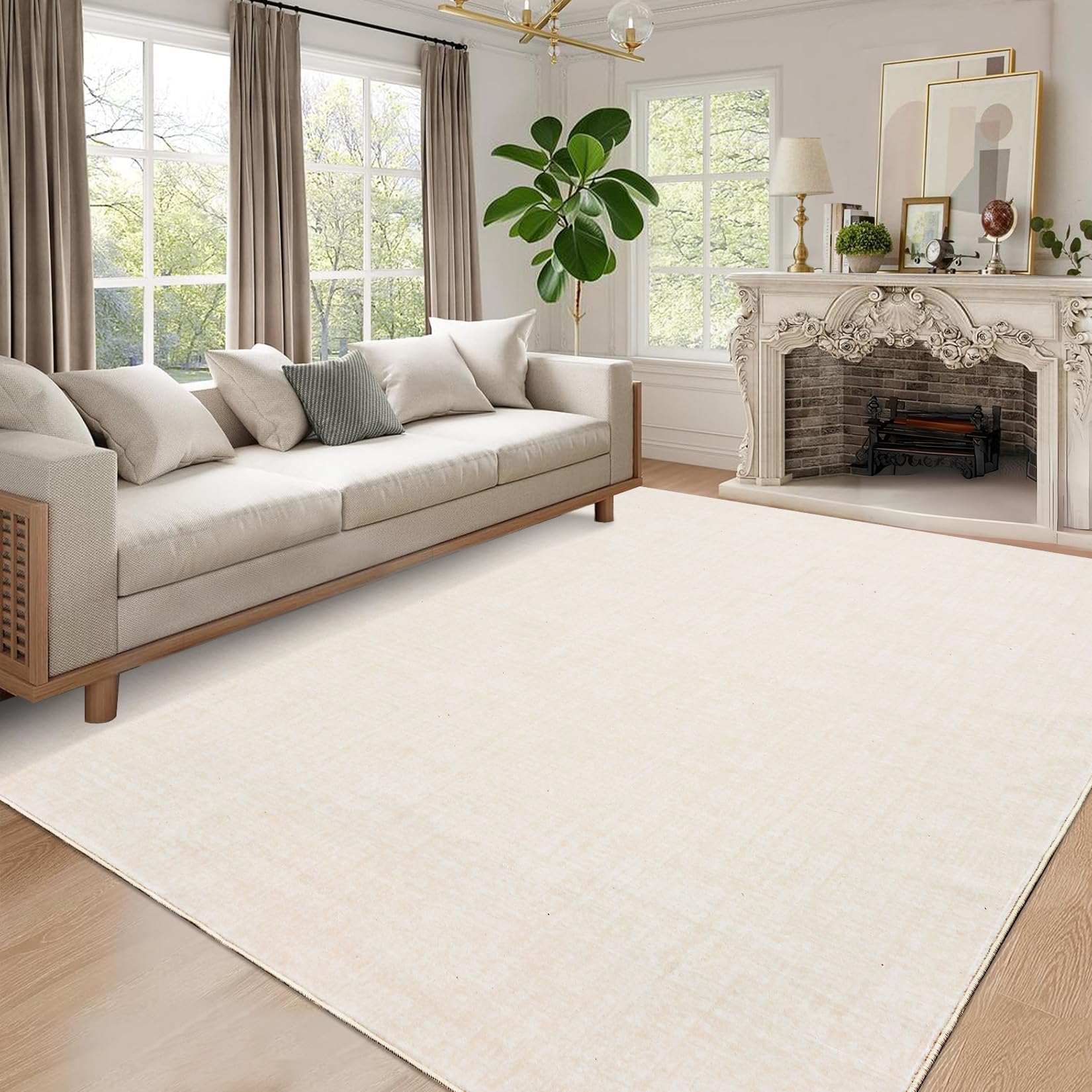 Garvee Tapis Lavable 240 × 300 cm en Polyester, Antidérapant et Antitache, à Poils Courts, Beige, pour Salon et Salle à Manger