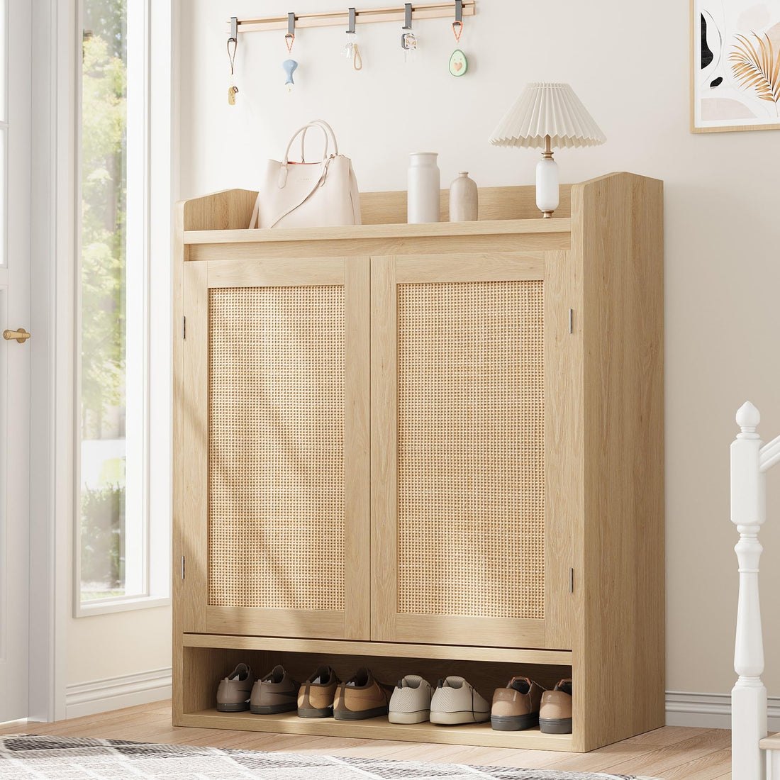 Rangement à chaussures moderne en rotin Garvee avec étagères réglables, structure en MDF, résistant à la poussière, idéal pour l'entrée et le salon, 80 cm (L) x 40 cm (l) x 100 cm (H), style bohème et rustique marron
