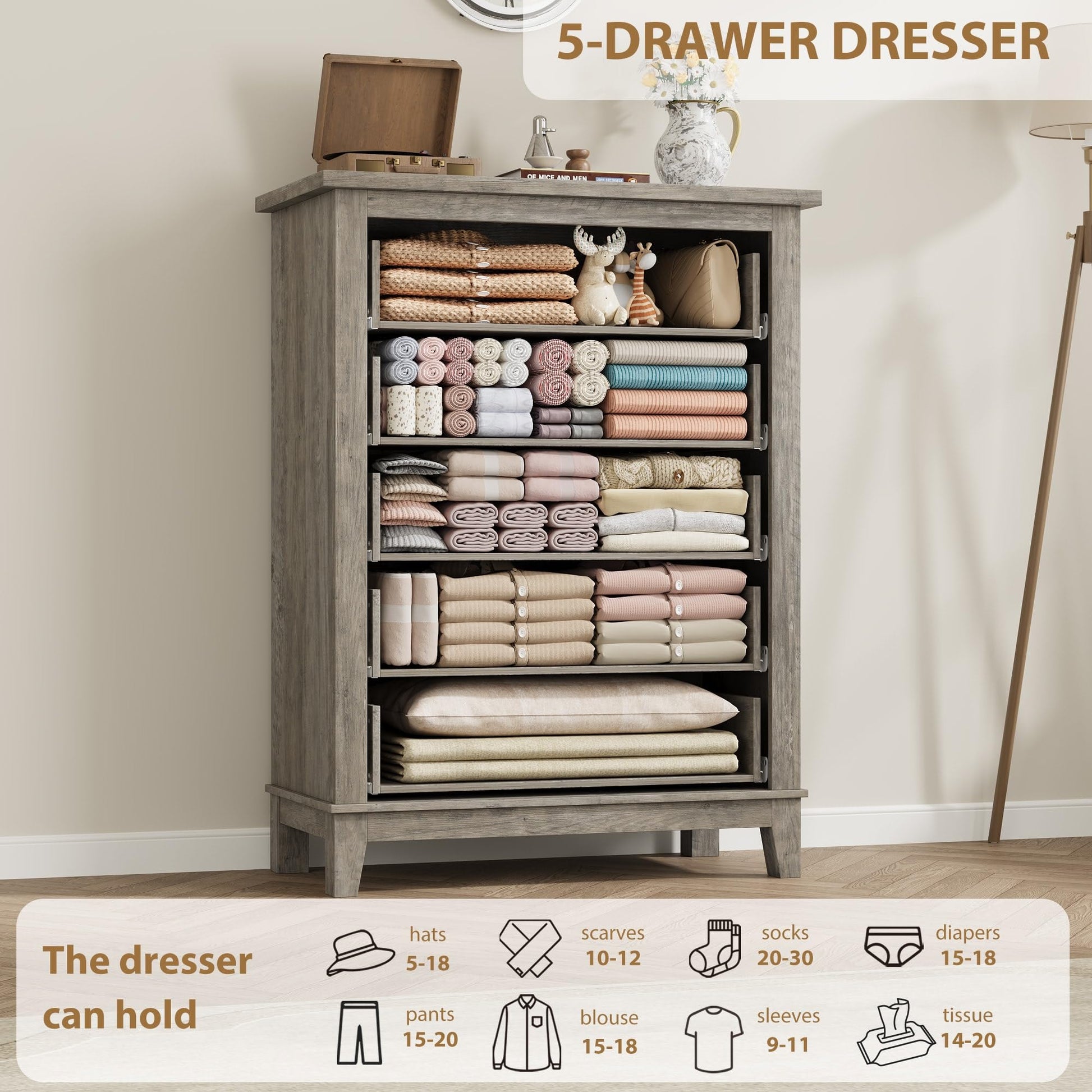 Commode Garvee à 5 tiroirs avec grand espace de rangement, en bois MDF, imperméable, idéale pour la chambre et le salon, dimensions : 80 x 40 x 105 cm, couleur naturelle.