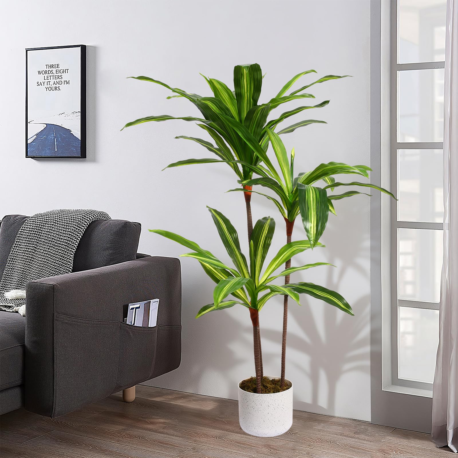 Arbre dracaena artificiel Garvee de 1 m (3,3 pi) avec pot en ciment robuste pour salon et bureau, résistant aux UV, facile d'entretien, vert