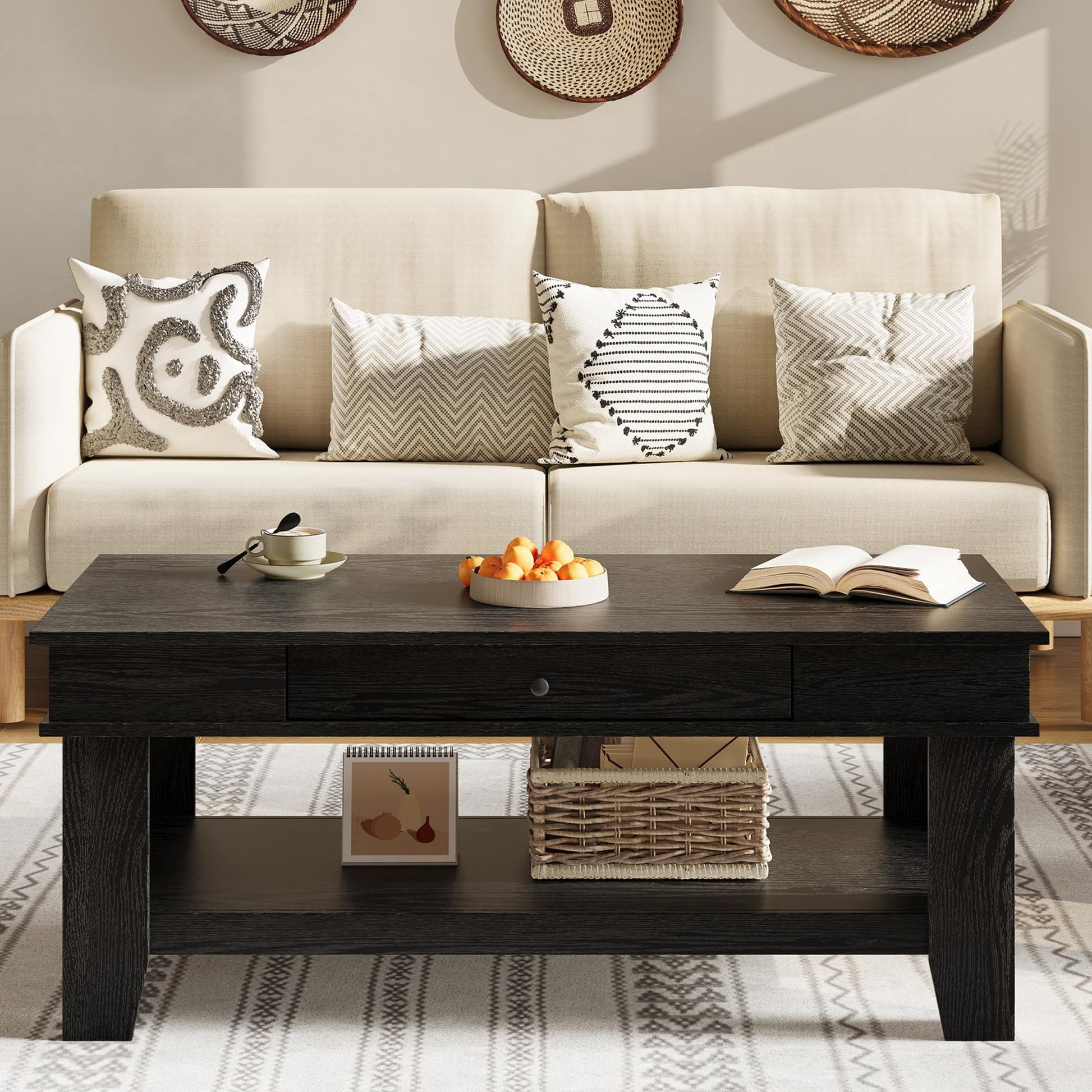 Table basse Garvee grand format avec tiroir et étagère, pieds en L, bois, design moderne, salon, 120 cm, marron