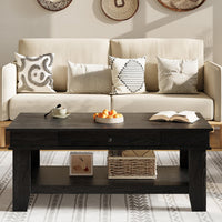 Table basse Garvee grand format avec tiroir et étagère, pieds en L, bois, design moderne, salon, 120 cm, marron