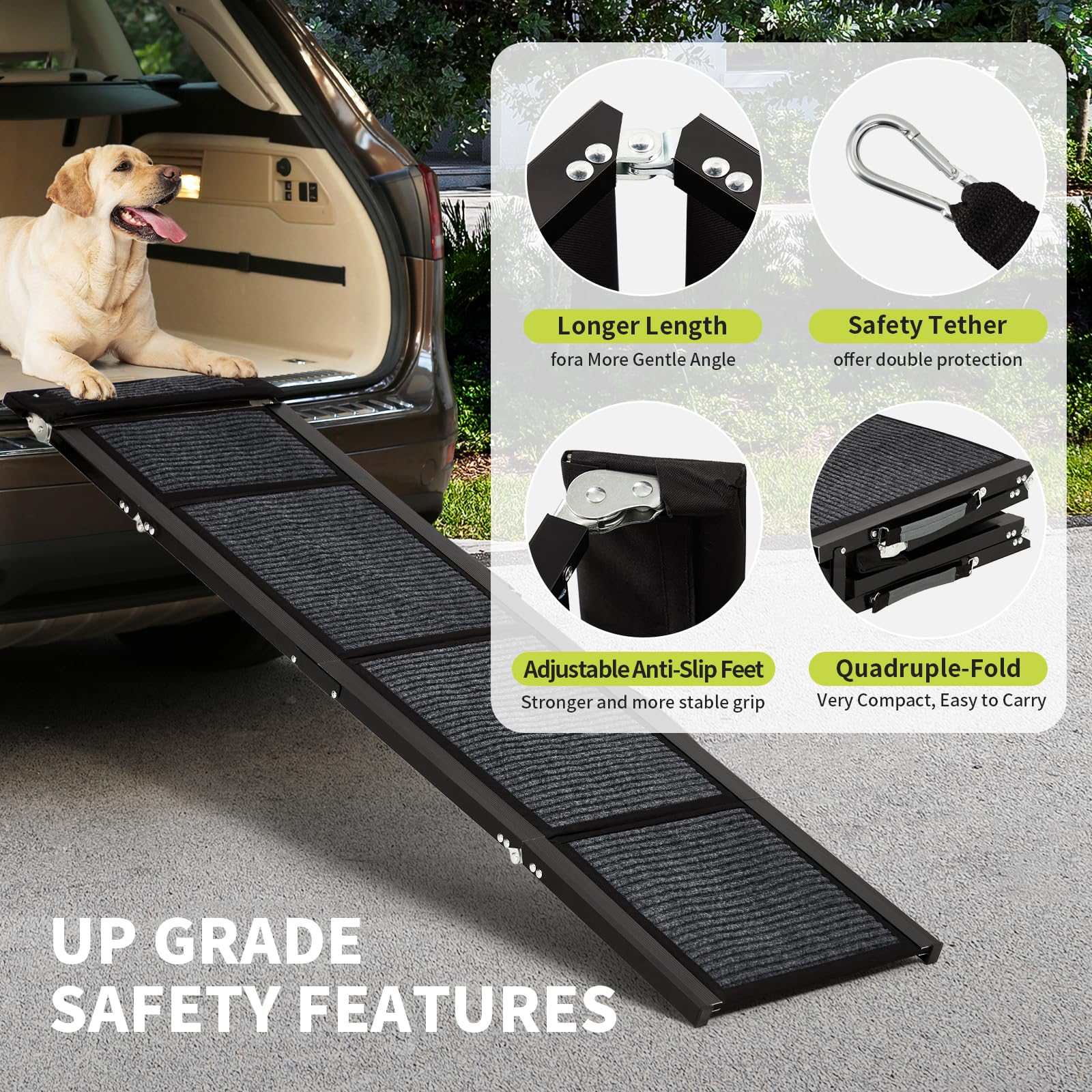 Garvee Rampe pliable pour chien en aluminium 160 x 43 cm, antidérapante, supporte jusqu’à 120 kg, idéale voiture, canapé, lit et chiens âgés.