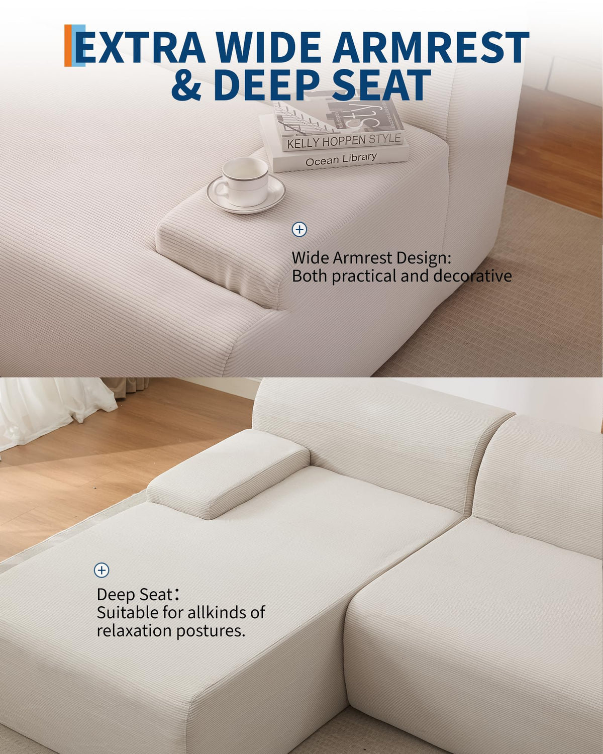 Canapé d'angle Garvee Cloud 108" avec méridienne - Canapé ultra-doux sans ossature, velours côtelé, blanc, salon, en forme de L
