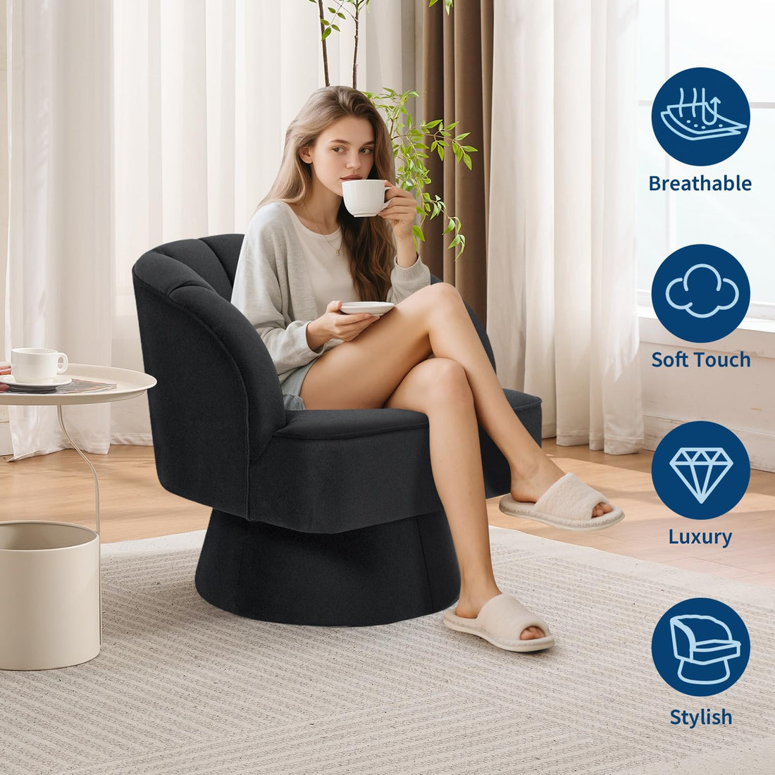 Garvee Fauteuil Pivotant en Velours à 360°, Dossier Rayé, Structure en Bois, Style Mid-Century, pour Salon, Chambre et Coin Lecture