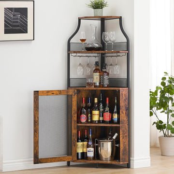 Meuble bar d'angle Garvee pour spiritueux avec étagères réglables, 155 cm, structure en métal, porte grillagée, MDF, pieds antidérapants, anti-basculement, cuisine et salon