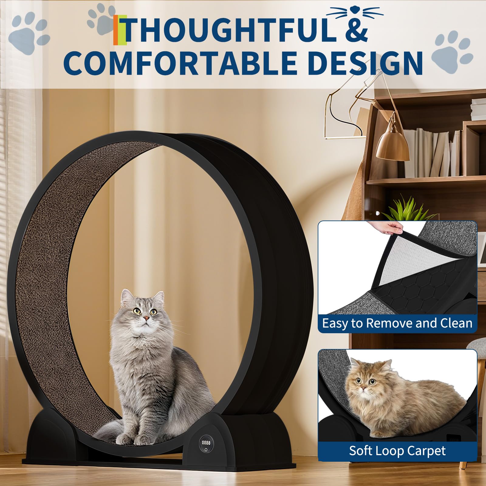 Roue d'exercice Garvee XL pour chats de grande taille (jusqu'à 12 kg) avec podomètre et griffoir, tapis amovible, silencieuse, noire.