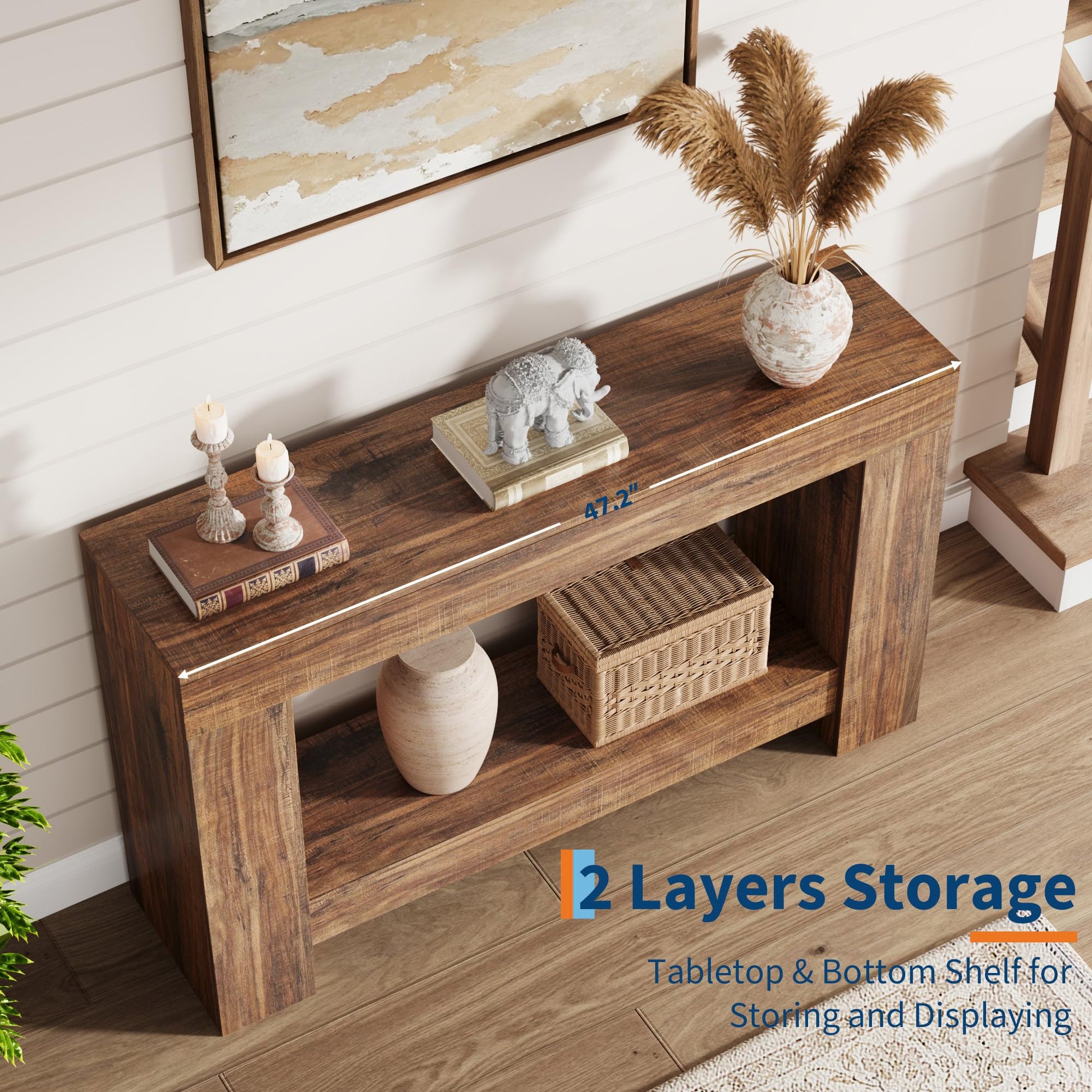 Garvee Table Console 120 cm en Bois Massif avec 2 Étagères, Style Maison de Campagne, pour Salon et Entrée, Marron