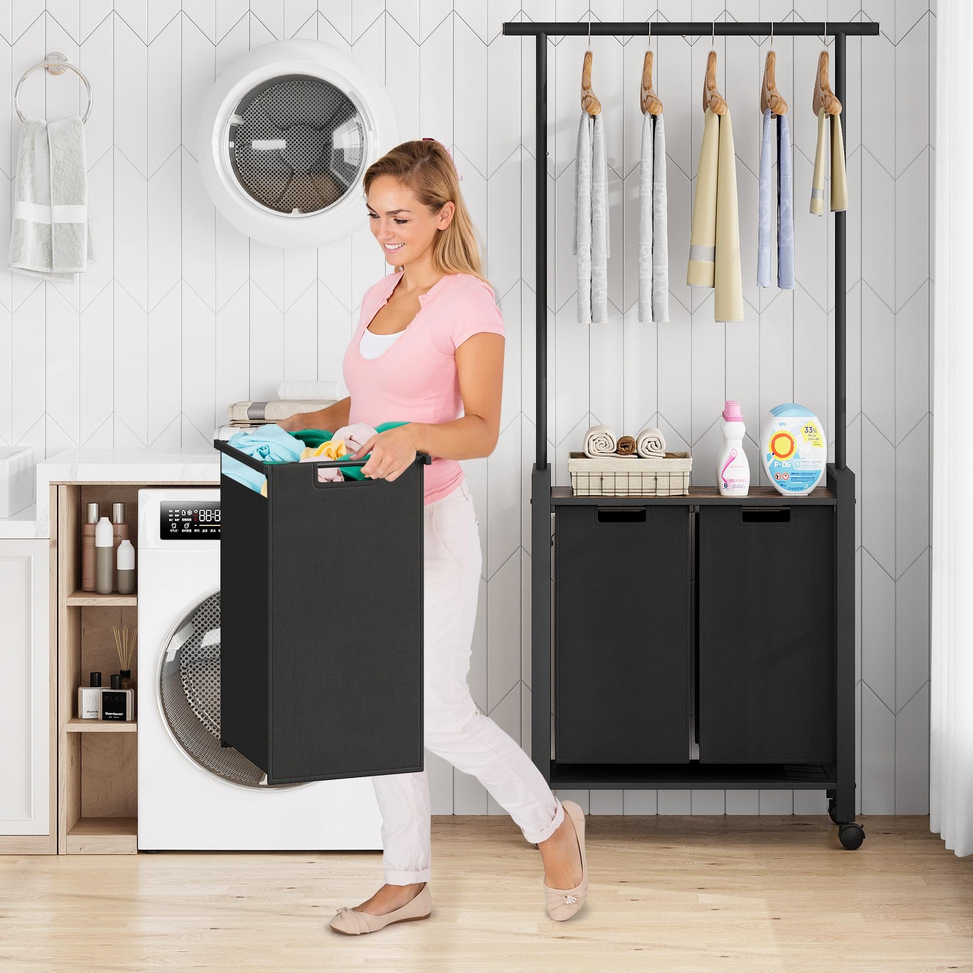 Panier à linge Garvee Trieur de linge à 2 compartiments avec barre de suspension et étagère en bois pour buanderie, 2 x 13 gal, noir