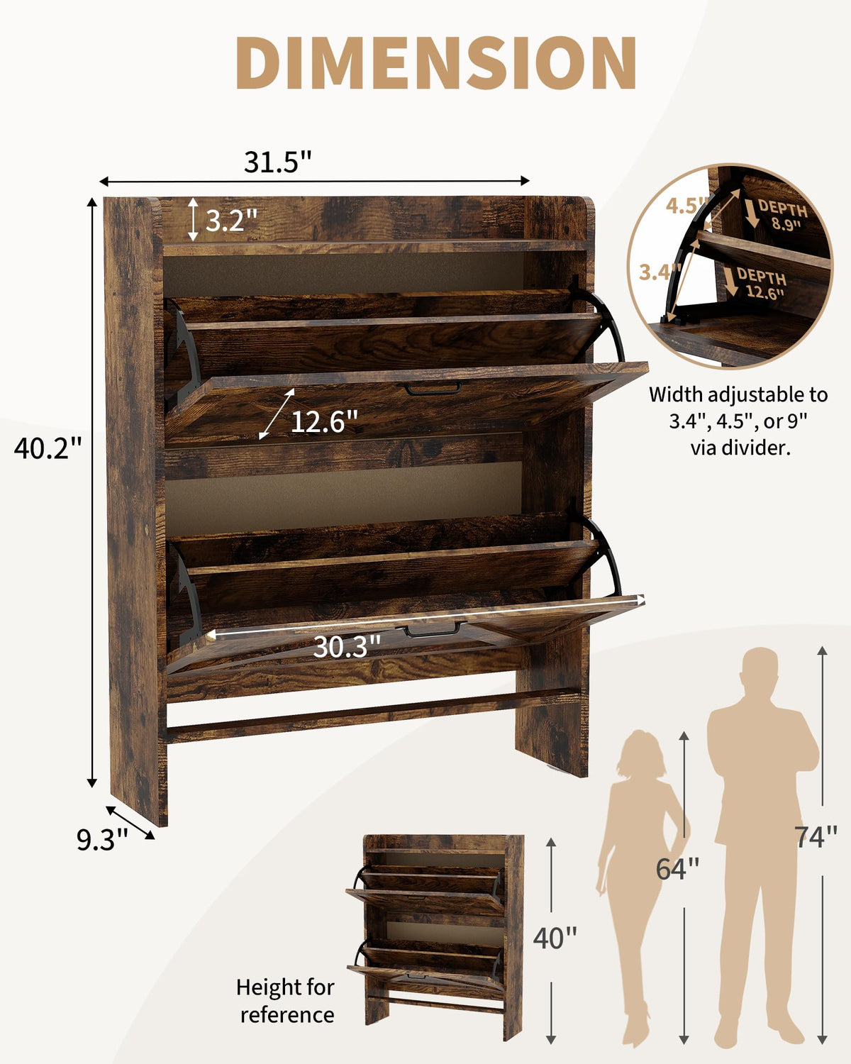 Meuble à chaussures Garvee avec 2 tiroirs pliables, style rustique marron, idéal pour l'entrée et le couloir, gain de place.