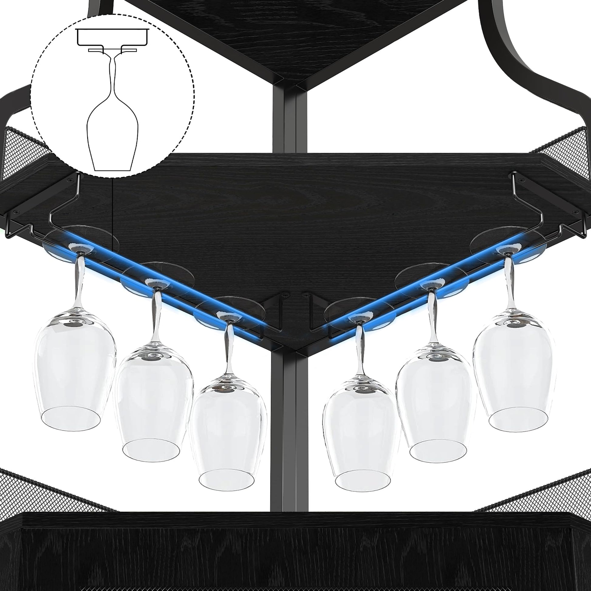 Meuble bar d'angle Garvee, 5 niveaux avec porte-verres, étagères réglables, structure en métal, MDF, porte coulissante de style grange, noir, pour salon et cuisine, 47 x 45 x 154 cm