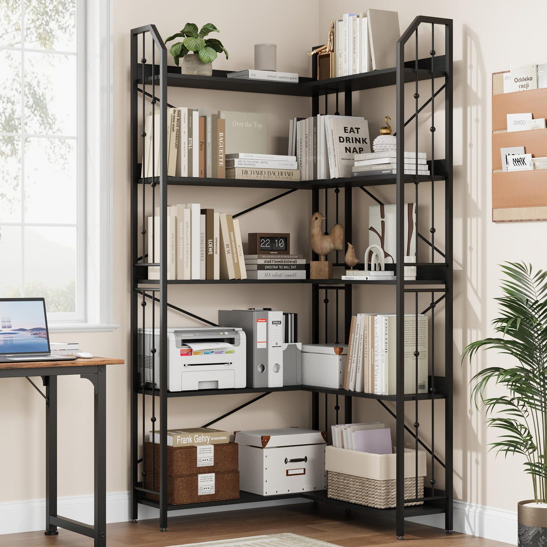 Garvee Étagère d'angle 183 cm (182,9 cm) en forme de L, style industriel, en métal et MDF, pour salon et chambre, robuste, anti-basculement, 5 niveaux