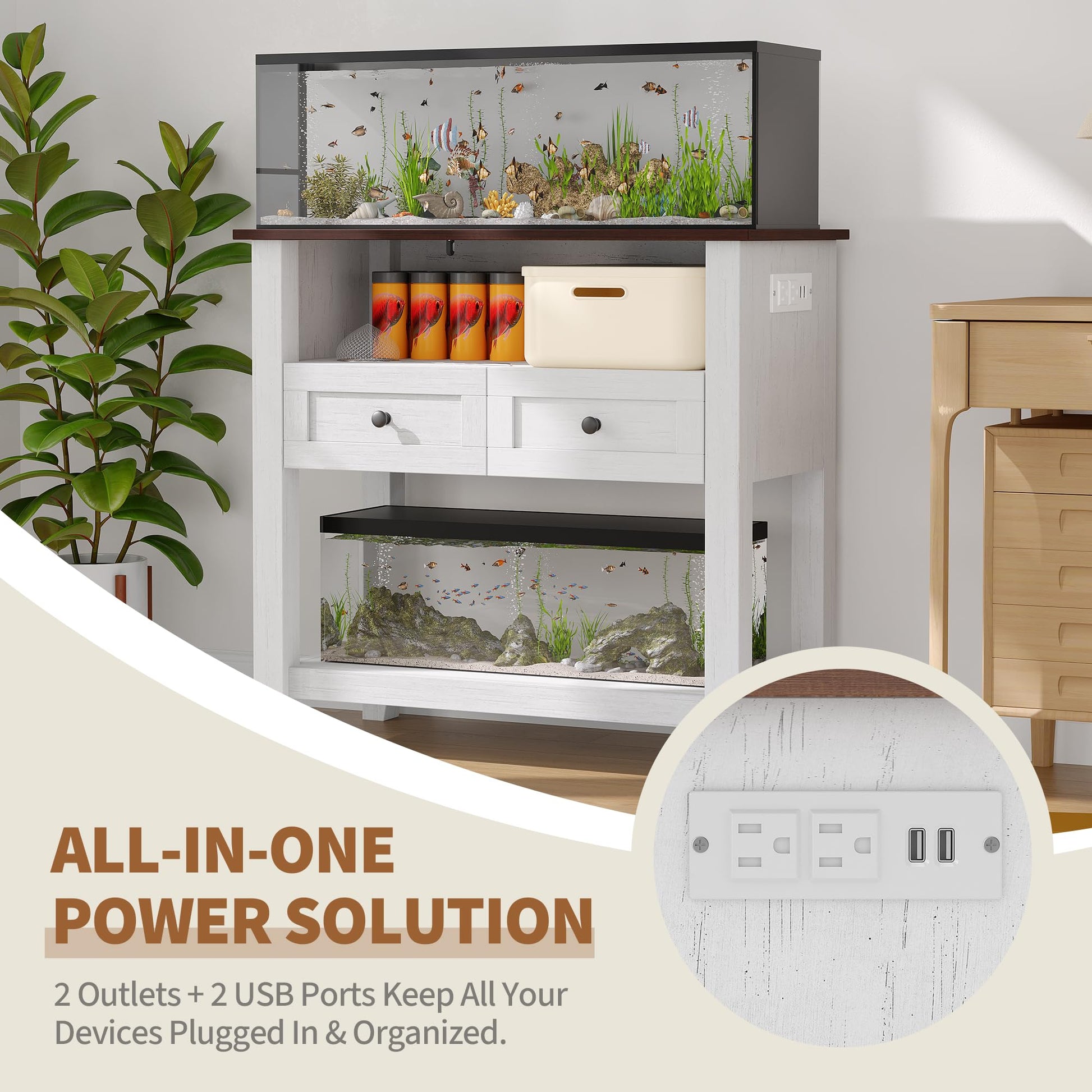 Meuble pour aquarium Garvee 20-29 gallons avec station de charge, tiroirs magnétiques, bois, salon et bureau, 80 x 40 x 78 cm, marron