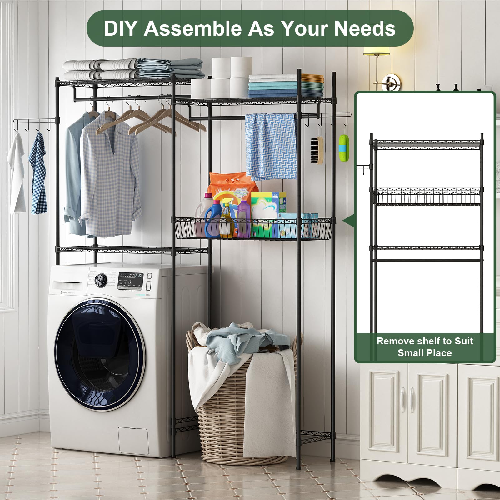 Étagère Garvee pour lave-linge et sèche-linge, réglable en hauteur, en acier noir avec panier à linge pour buanderie, largeur 146 cm (57,4 po)