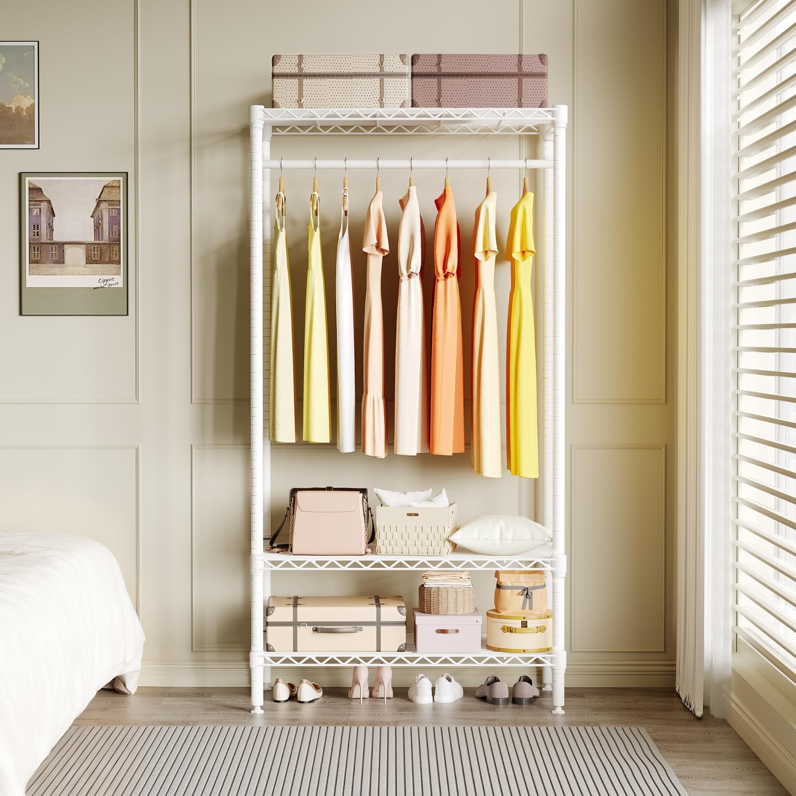 Portant à vêtements robuste Garvee avec étagères, réglable, en métal antirouille, capacité de charge de 300 kg, pour chambre et buanderie, blanc, 90 cm (L) x 45 cm (P) x 175 cm (H)