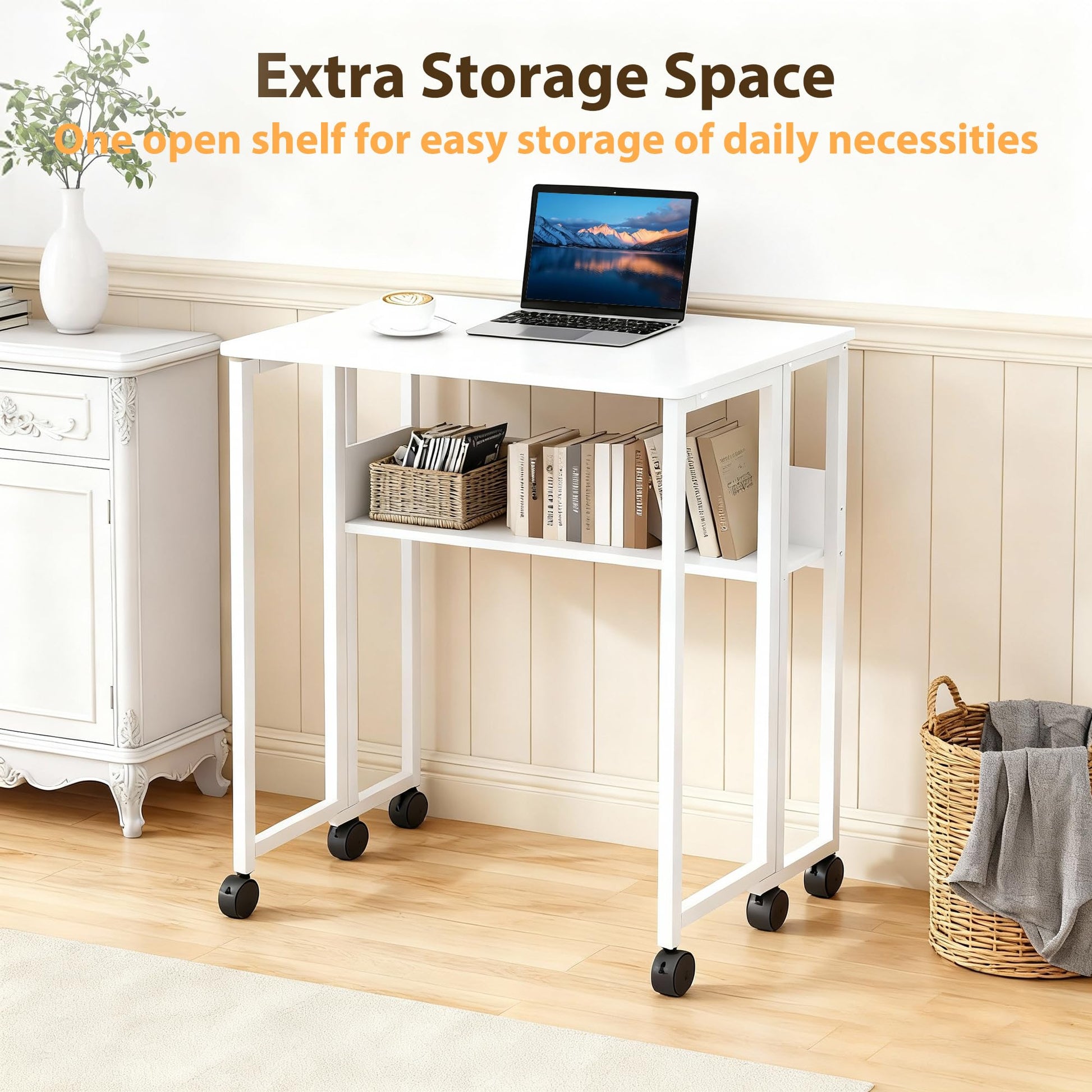 Bureau pliant Garvee à roulettes, table d'ordinateur pliable de 63 cm (24,8 po), étagère de rangement, structure en acier, blanc, pour bureau à domicile et étude