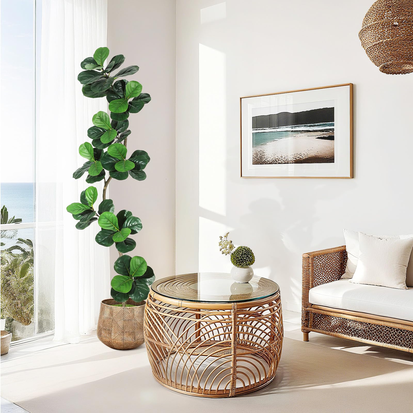 Garvee Ficus lyrata artificiel 213 cm en forme de S, pot blanc, feuilles en soie réalistes et branches ajustables, intérieur et extérieur