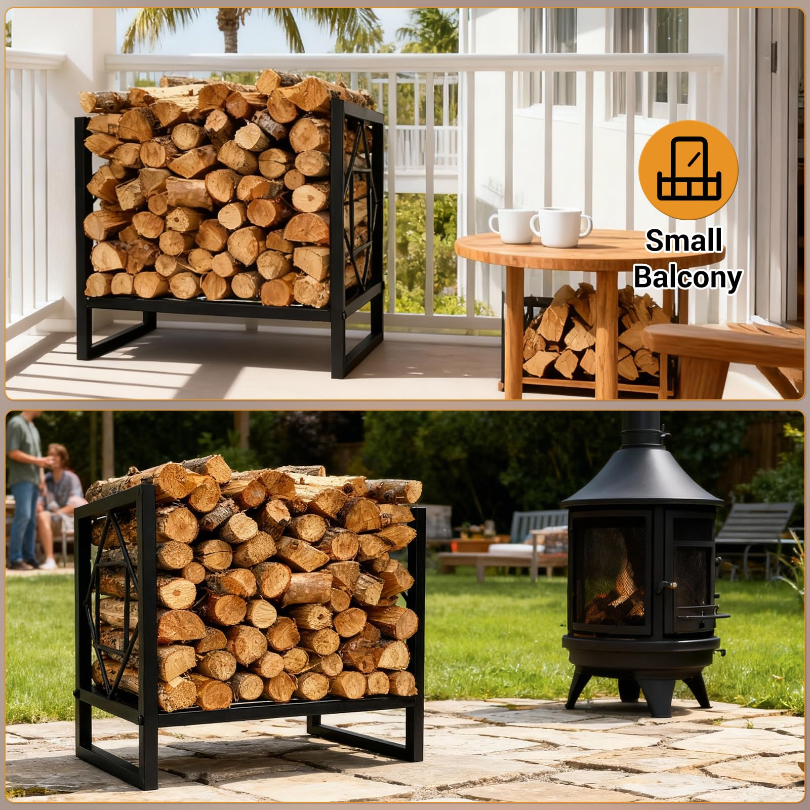 Garvee Petit Porte-bûches en métal noir, compact, pour cheminée et terrasse, intérieur et extérieur