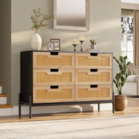 Garvee commode en rotin naturel à 6 tiroirs, pieds en bois et métal, idéale pour la chambre et le salon, imperméable et résistante