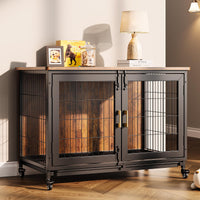 Niche pour chien Garvee de 95 cm (37,5 pouces) avec roulettes, fond grillagé, plateau amovible pour chiens de petite et moyenne taille, style ferme d'intérieur, aspect bois, structure en acier robuste.