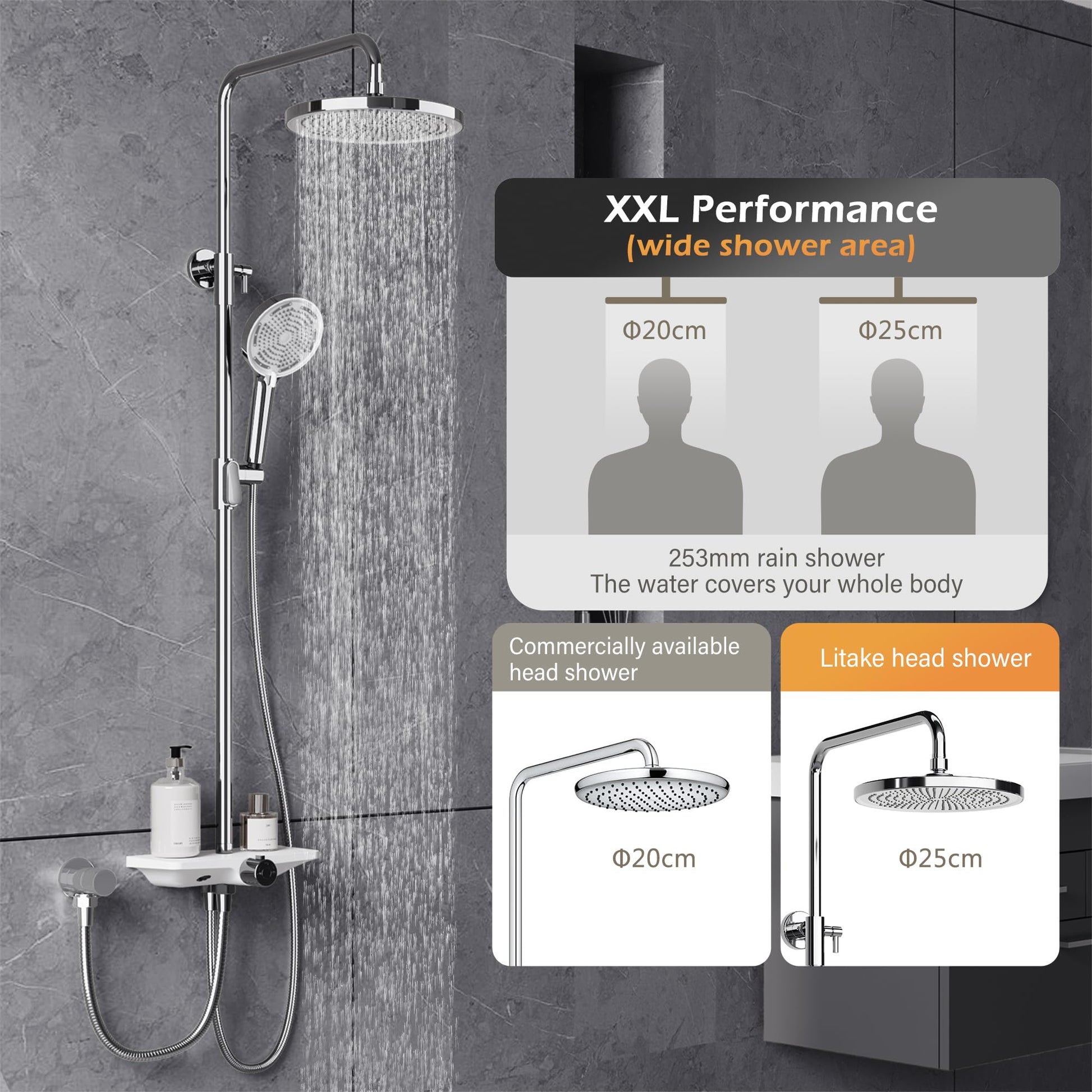 Garvee Colonne de douche réglable 98–130 cm en acier inoxydable 201, pommeau 25 cm, douchette 3 jets, tablette 27 cm, installation facile, chrome et blanc