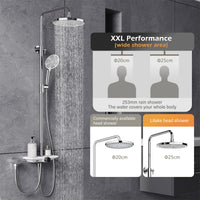 Garvee Colonne de douche réglable 98–130 cm en acier inoxydable 201, pommeau 25 cm, douchette 3 jets, tablette 27 cm, installation facile, chrome et blanc