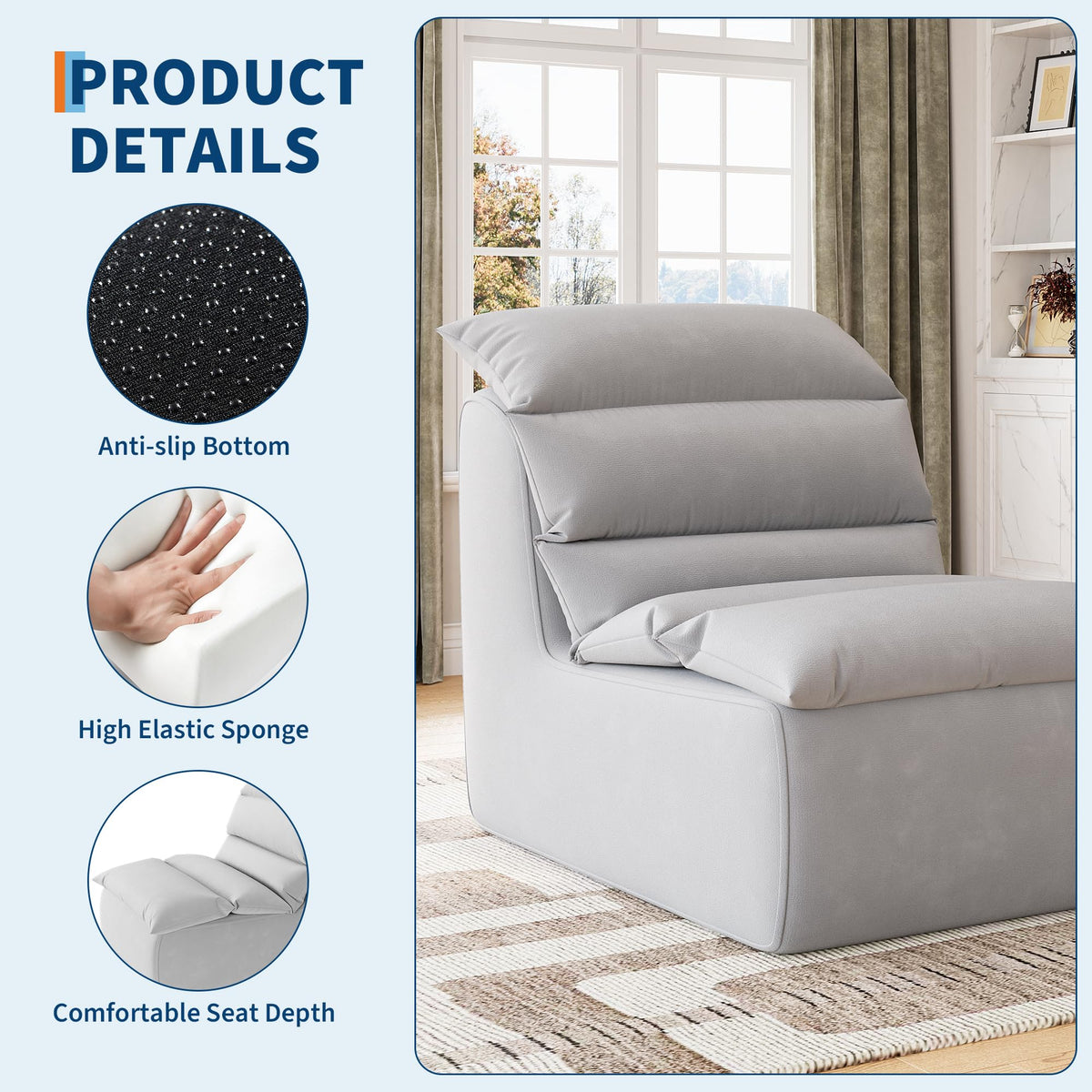 Pouf Garvee pour adultes avec mousse haute résilience et base antidérapante, tissu éponge, ergonomique, gris, salon et chambre