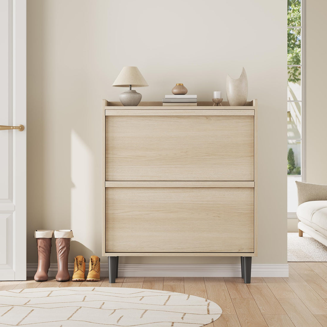 Garvee Meuble à chaussures 2 tiroirs abattants, MDF bois naturel, 87,6×26,7×95,2cm, étagères réglables pour entrée et salon