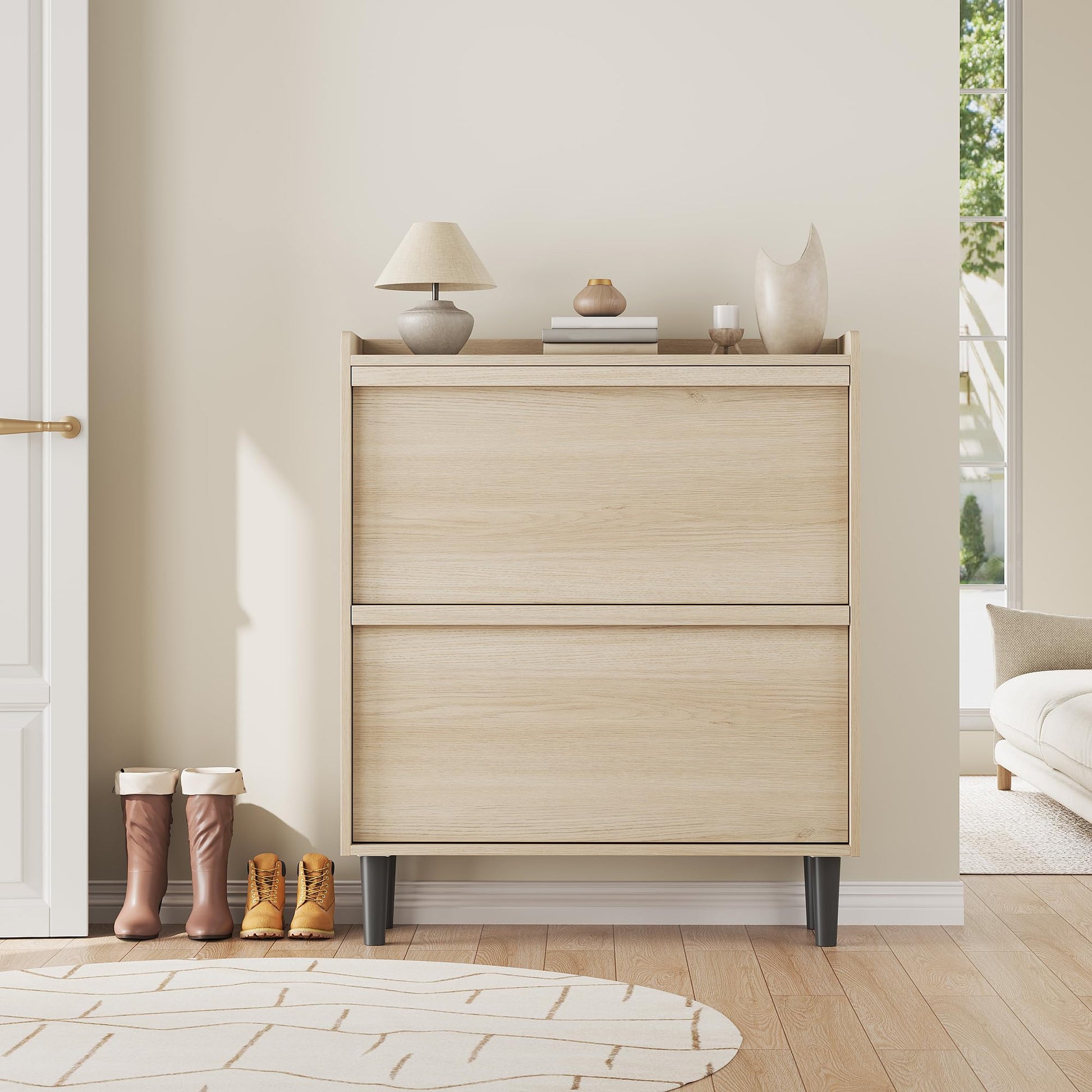 Meuble à chaussures Garvee avec 2 tiroirs abattants, étagère réglable, en MDF, idéal pour l'entrée et le salon, 87,6 x 26,7 x 95,2 cm, peu encombrant et robuste.