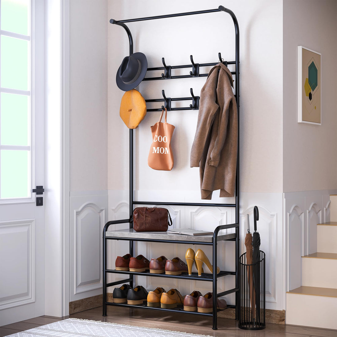 Garvee Banc à chaussures vestiaire avec 8 crochets, armoire 4 en 1, robuste pour l'entrée et la chambre, 60 × 30 × 180 cm, gris