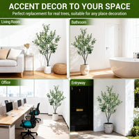Olivier artificiel Garvee de 1,5 m avec pot blanc, plante en soie réaliste, branches ajustables pour la décoration intérieure et extérieure, tronc en bois naturel, vert foncé