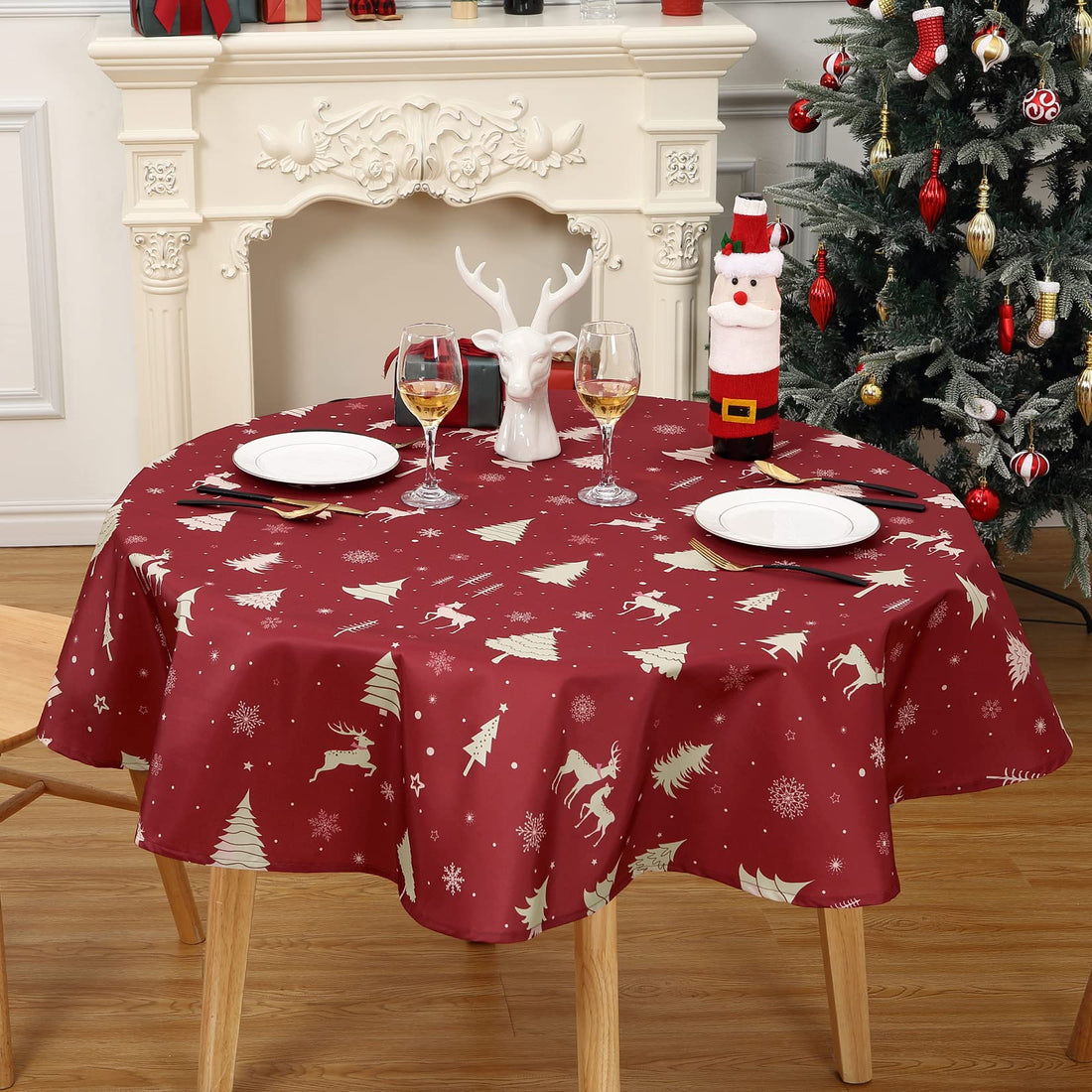 Garvee Nappe de Noël ronde 152 cm, imperméable et lavable, couleur or, idéale pour les fêtes, la cuisine et la salle à manger. Parfaite pour une décoration festive